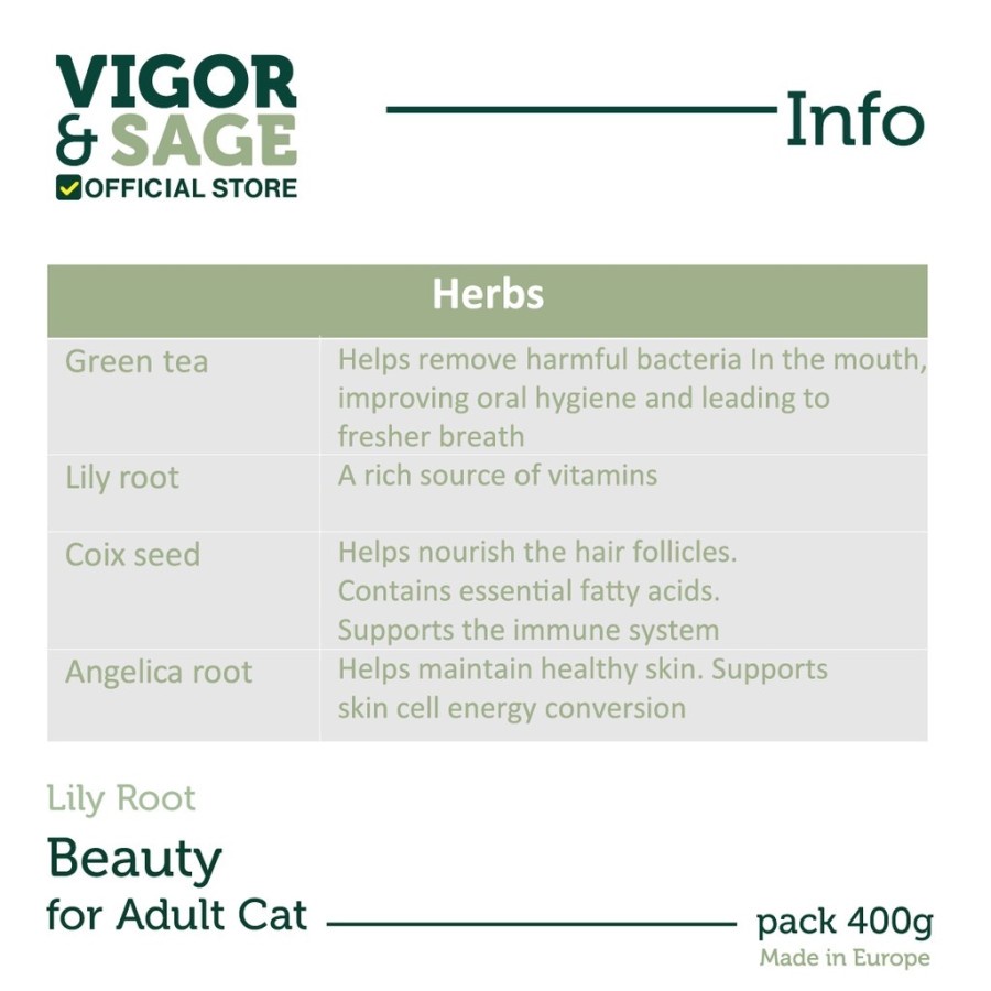 Vigor &amp; Sage Lily Root Beauty Adult Cat Food 400 Gr Vigor Sage Beauty