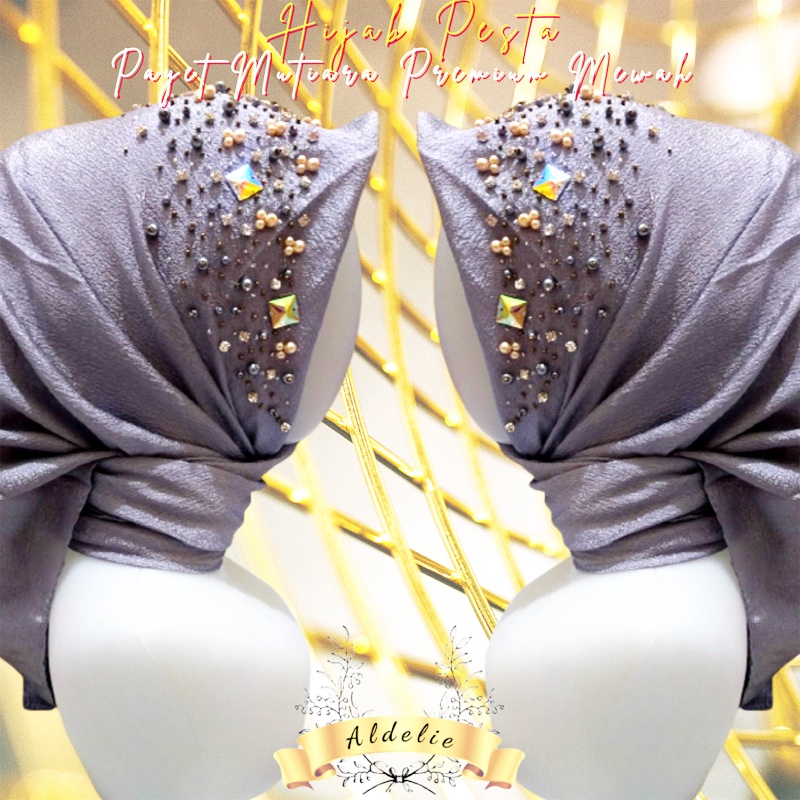 HIJAB PESTA SEGI EMPAT TERBARU PAYET MUTIARA PREMIUM ELEGAN JILBAB KONDANGAN INSTAN MUDAH DIBENTUK B
