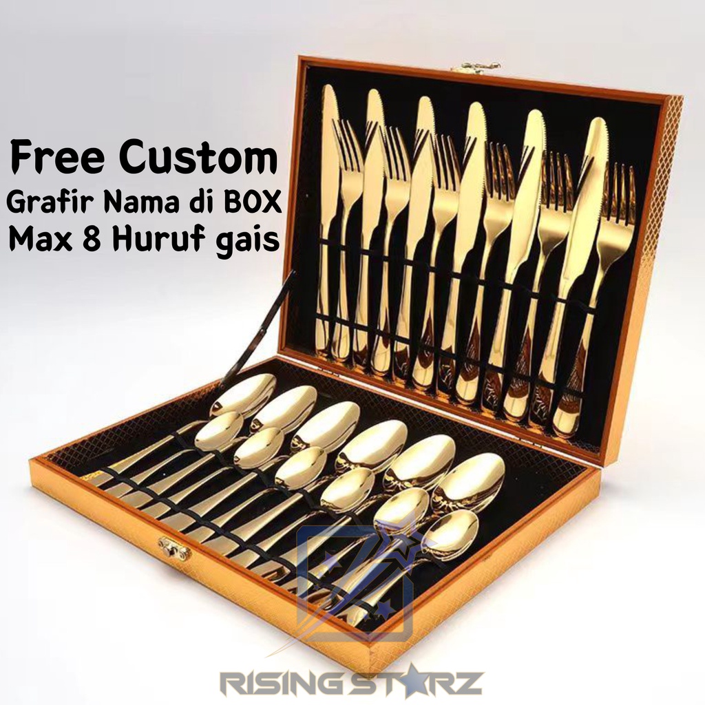 cutlery set mewah kemasan gold isi 24 / sendok set box gold grafir