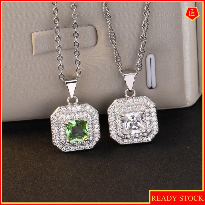 [Ready Stock]Fashion Inlaid Diamond Square Pendant Silver Necklace