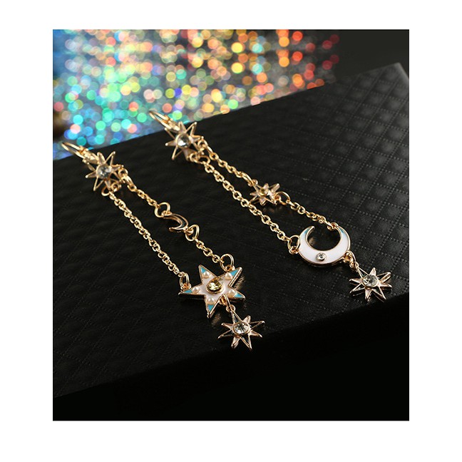 LRC Anting Tusuk Fashion Gold Color Moon&amp;star Decorated Long Tassel Earrings