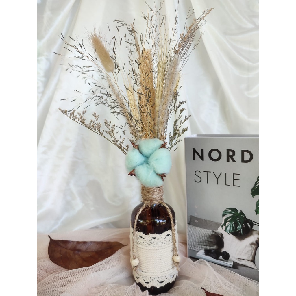 Satu set bunga kering | dried flowers | vas bunga | vas kaca | cotton flowers | hiasan aesthetic | b