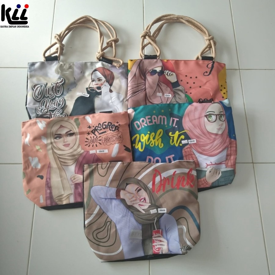 Tas Hijab Tali Sumbu - Tote Bag Muslimah - Tas Hijab Motif Random