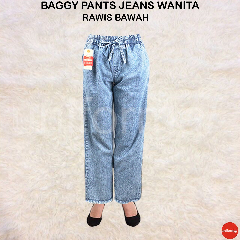 Celana Baggy Pants Jeans Wanita,  Baggy Pants Jins Model RAWIS, Celana Perempuan Pinggang Karet Tali, Celana Wanita Kekinian Saku Depan, Baggy Boyfrend Mid Waist ROSE BAGGY PANTS // BOYFRIEND JEANS SNOW