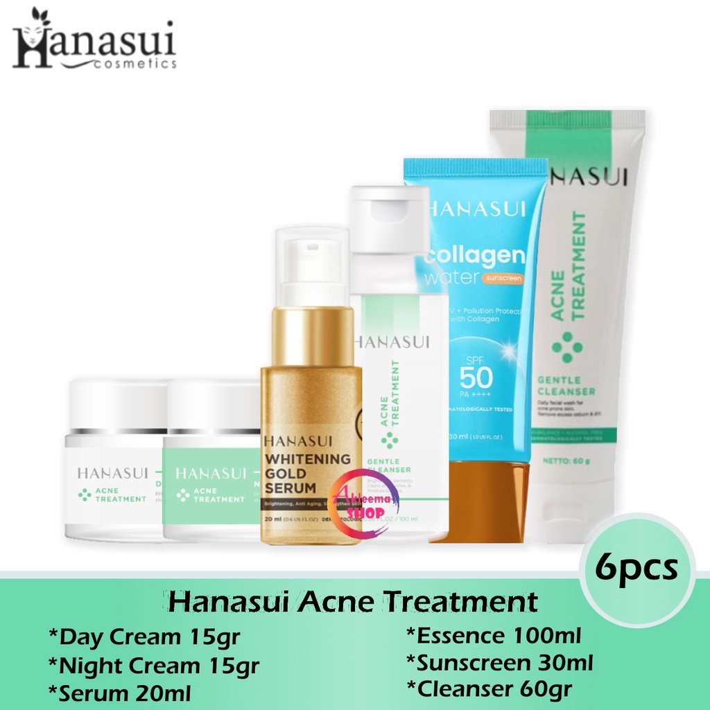 Paket Hanasui Acne Treatment 6pcs (day+night+serum gold+essence+sunscreen+cleanser)