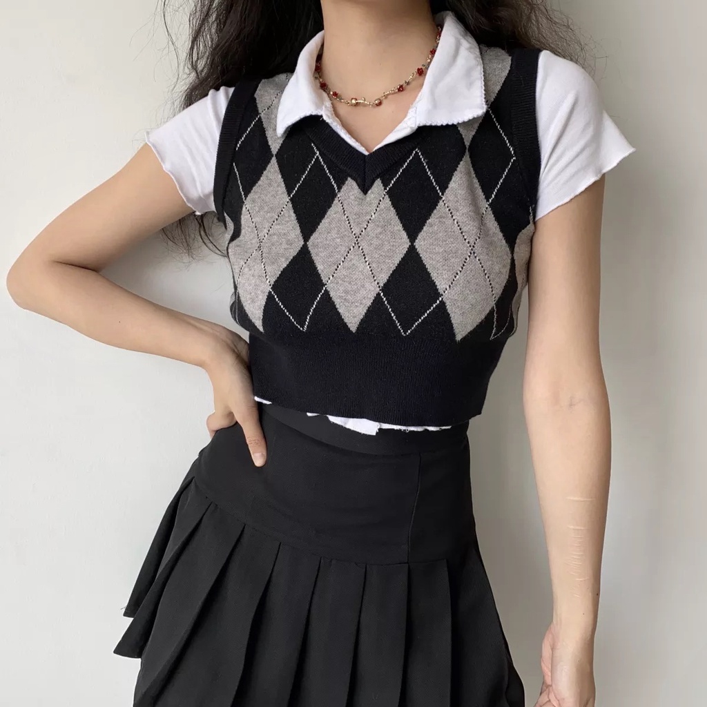 rose blackpink Rompi rajut wanita korea style retro kotak V-neck tanpa lengan kasual crop top knit