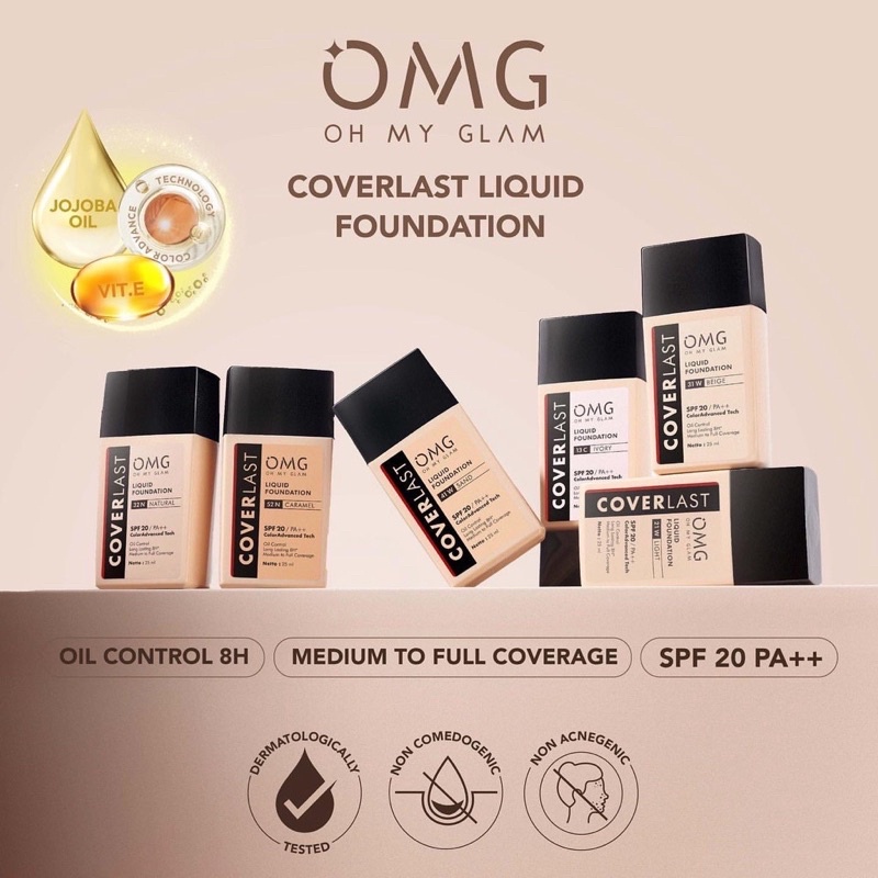 OMG Oh My Glam Coverlast Liquid Foundation High Coverage 6Shades SPF20 PA++++