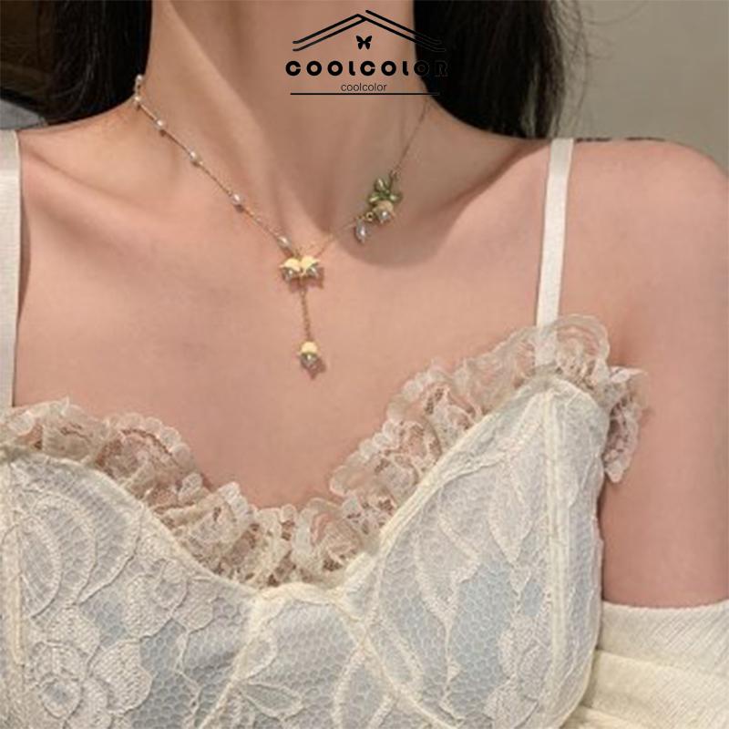 COD❤️Kalung Wanita Lily of the Valley Flower Pearl Spring Desain Unik Anting Pejantan Elegan Yang Indah untuk Anak Perempuan Aksesoris Fashion Perhiasan Fashion Simple Murah