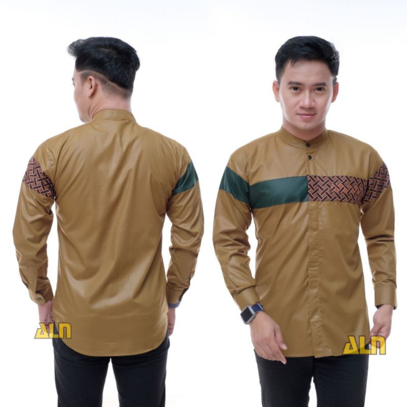 ATASAN KEMEJA KOKO KEMKO QYNANG BATIK LENGAN PANJANG NAVY OLIVE HIJAU BOTOL MURAH JUMBO XXL bahan su