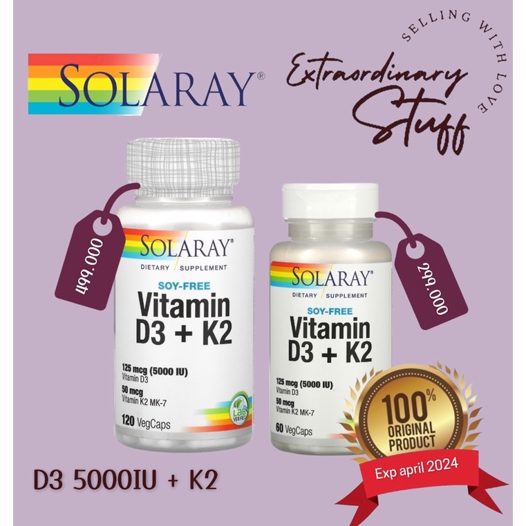 SOLARAY VITAMIN D3 5000 IU K2 / VIT D3 + K2 5000IU 120 caps