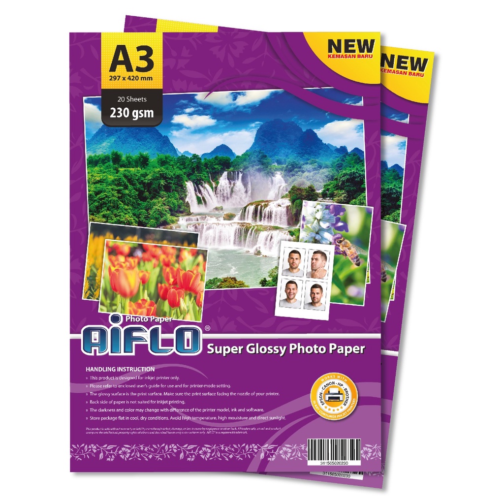 

AIFLO KERTAS PHOTO SUPER GLOSSY A3 230GSM 20 SHEETS