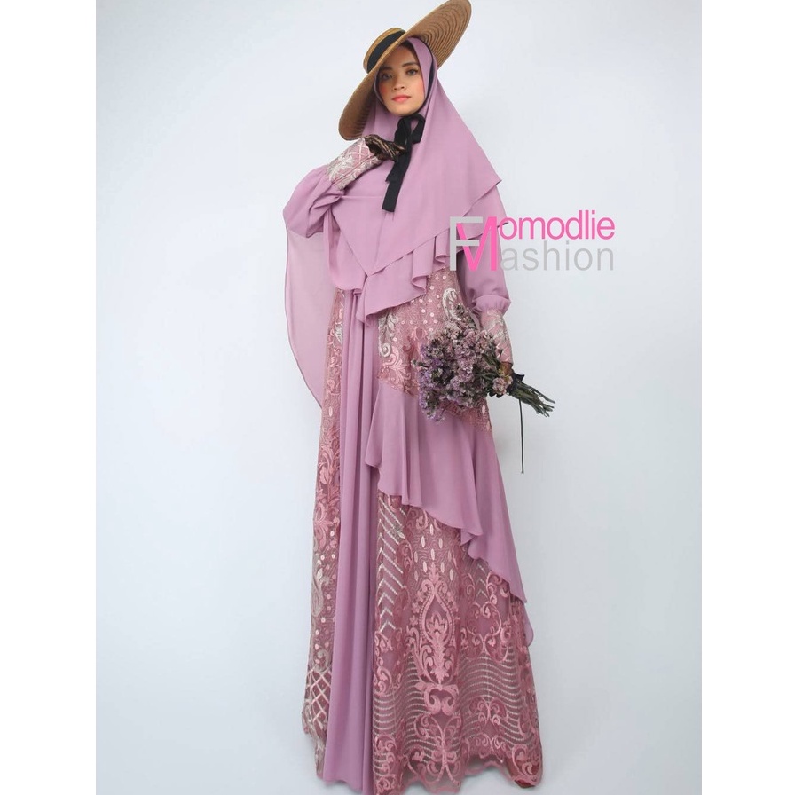 BAJU GAMIS SYAR'I KOMBINASI BORDIR MEWAH BAHAN CERUTY BABYDOLL UKURAN JUMBO, JANNAH SYARI BY MOMODLI