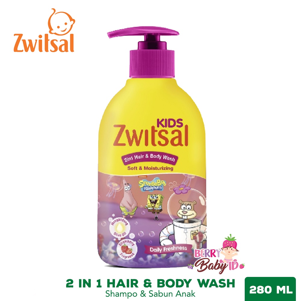 Zwitsal Kids 2in1 Hair &amp; Body Wash Spongebob Sabun &amp; Shampo Anak 280 ml Berry Mart