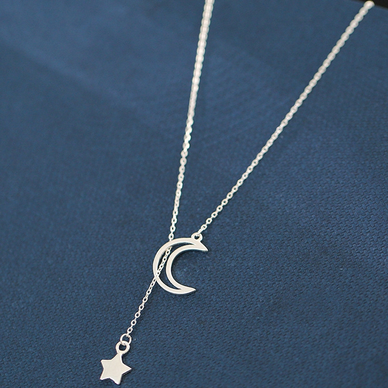 Kalung Rantai Bintang Bulan Perak Moon Star Chain Necklace Silver Pendant Women Jewelry Accessories