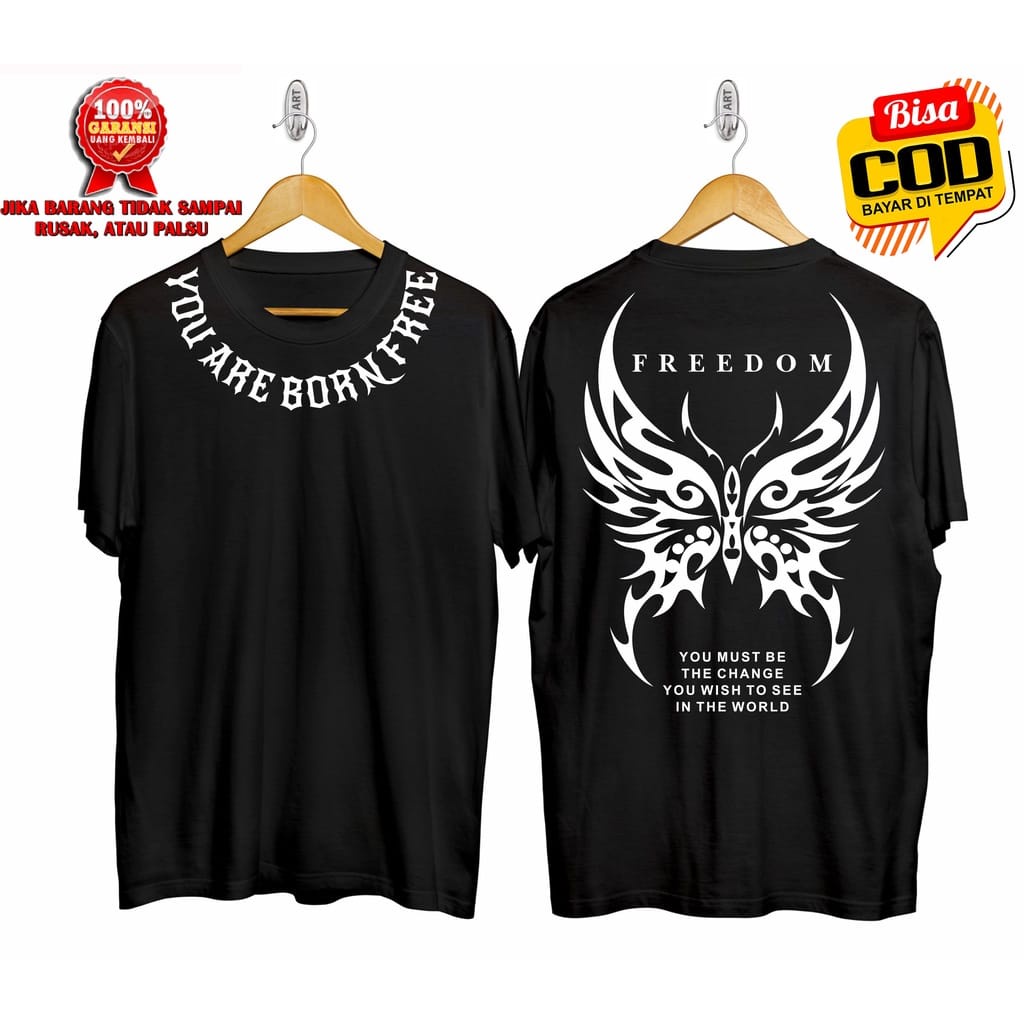 Kaos Tshirt Pria Freedom Hitam Distro Lengan Pendek Motif Sablon Bergambar Keren / Baju Kaos Viral Baju kaos anime