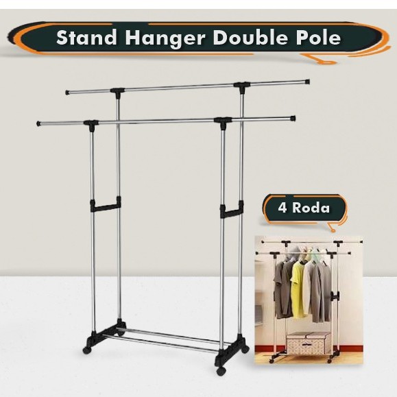 Hanger Baju Stainless Stand Hanger Double Pole Rak Baju Gantung Susun 2 Besi Plastik - Beroda