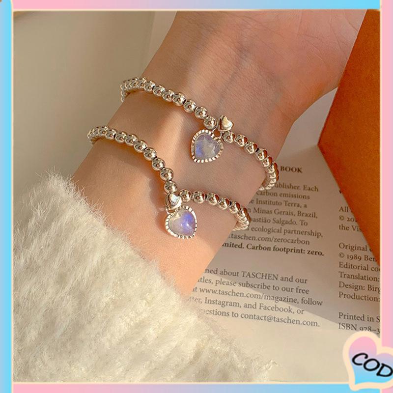 COD❤️ Wanita Moonstone Cinta Liontin Manik-manik Kalung Gelang Kecil Gaya Sederhana-A.one