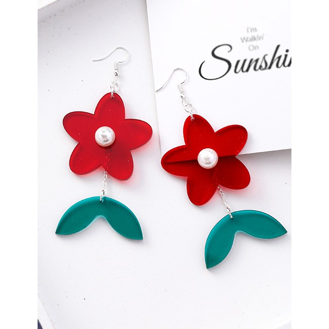 LRC Anting Gantung Fashion Red Acrylic Flower Pearl Earrings F54330