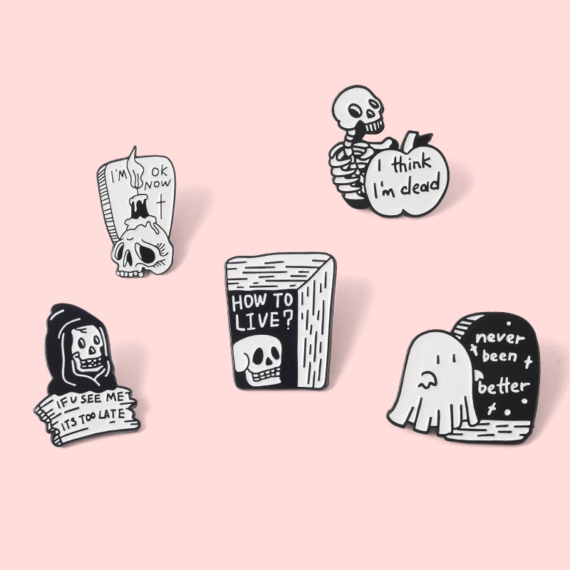 Bros Pin Enamel Bentuk Tengkorak Halloween 5 Gaya Goth Punk Untuk Aksesoris Tas Ransel