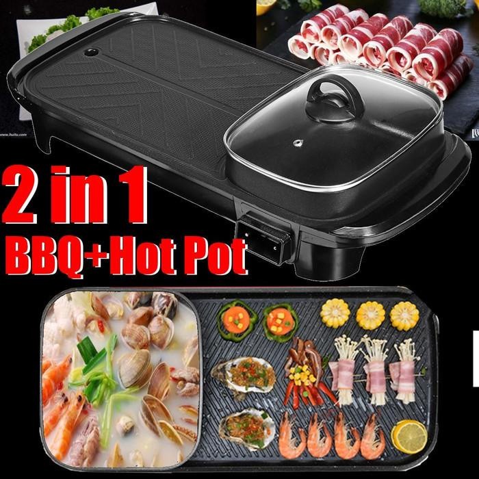 Panci Elektrik BBQ &amp; Hot Pot 2 in1 Original Merek FLECO F-607 Steamboat Grill Shabu Berkualitas