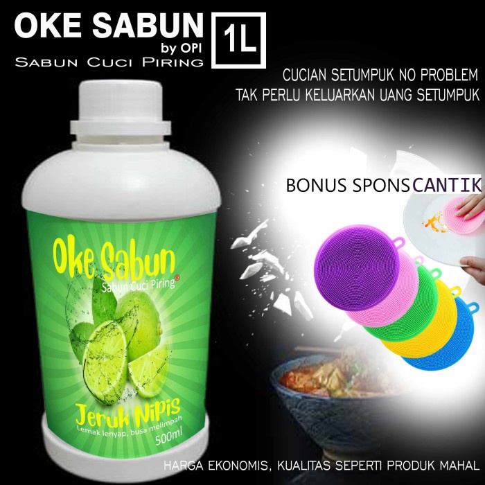 Sabun Cuci Piring 1 Liter Nipis dan 8 varian wangi lain bonus spons New Formula sudah ada izin edar resmi by Oke sabun suplayer