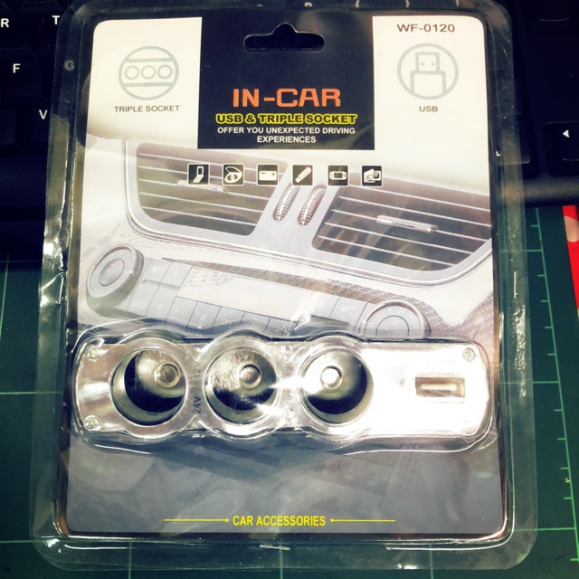 Socket triple + usb socket mobil colokan mobil