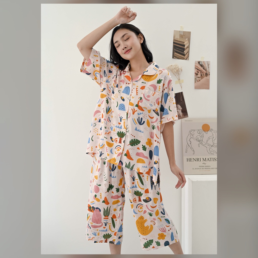 Kalla set - Sleepwear / Piyama Baju Tidur Rayon by RAHA Sleepwear-Tropical Abstract
