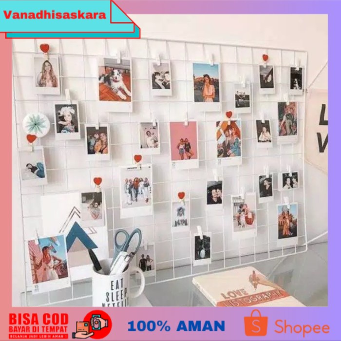 (BISA COD) GRID WALL HIJANG DEKORASI HIASAN DINDING JARING RAM KAWAT BESI 115x75 - Putih