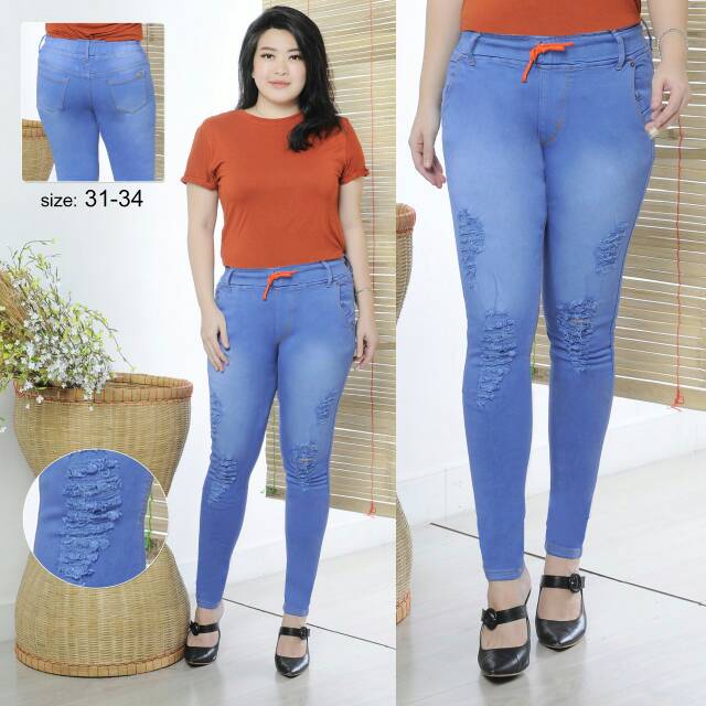 MC girl - Celana Jeans Pinggang Karet Sobek Jumbo / Celana Jins Ripped / Celana Lepis Koyak Big Size