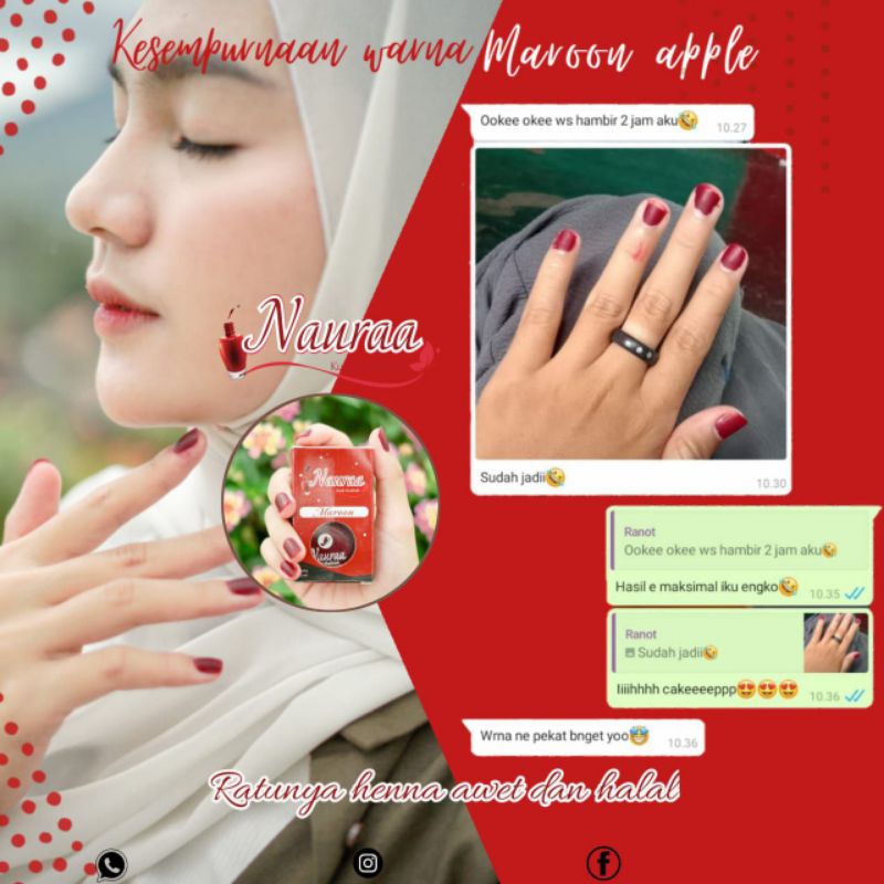 NAURAA KUTEK MUSLIMAH/ KUTEK HALAL / KUTEK SAH SHOLAT /NAURA KUTEK MUSLIMAH / HENNA INAI KUKU, ASHOKA, TUFFAH, RAZETA, CERIA, HENNA KUKU BUKAN PEEL OFF