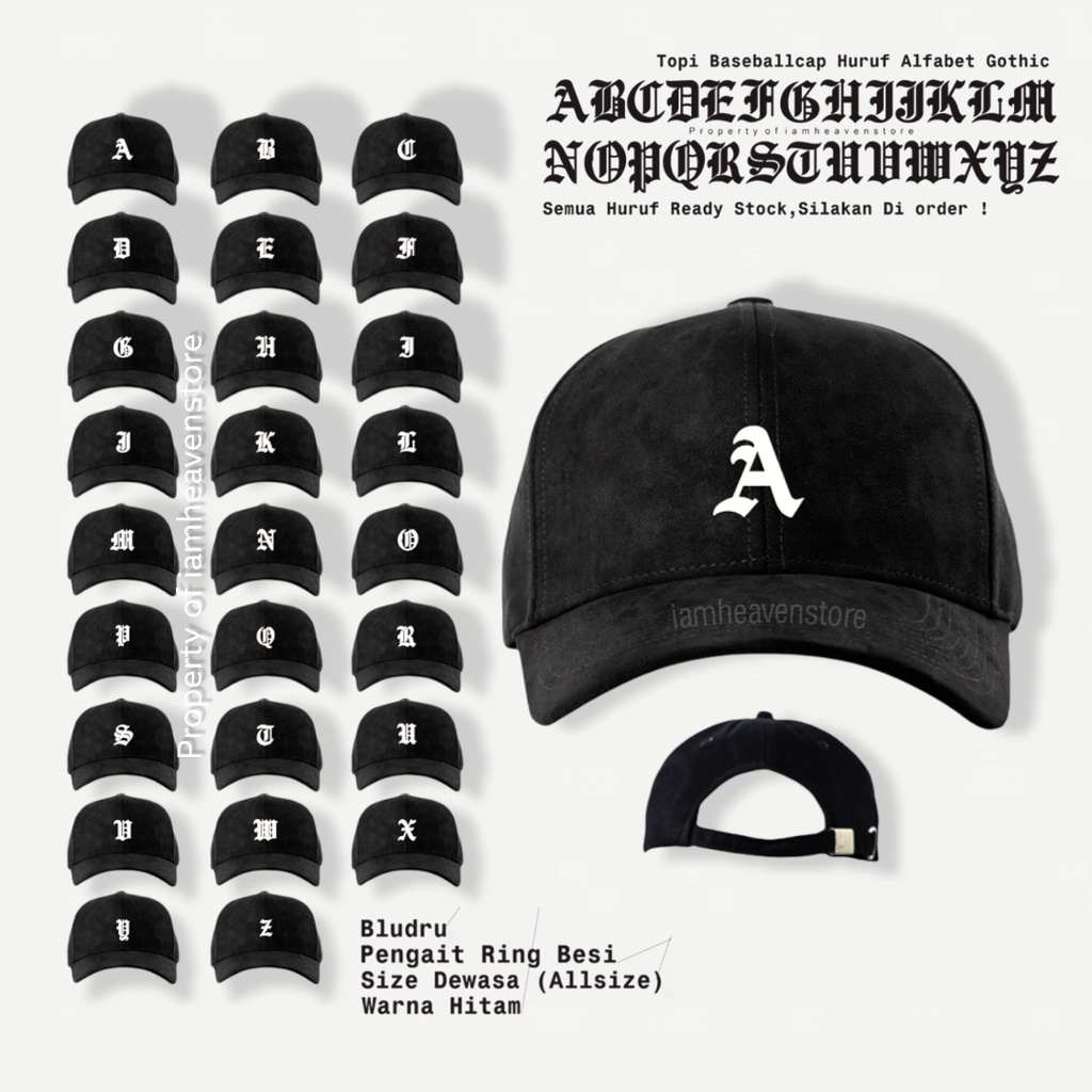 Topi Basebalcap Huruf Teks Alphabet Motif Gothic  A B C D E F G H I J K L M N O P Q R S T U V W X Y Z Tulisan Font Gotik Baseball cap Pria Wanita Size Ukuran Dewasa