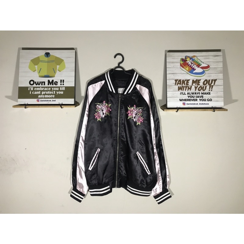 jaket sukajan black pink silk bomber second bekas