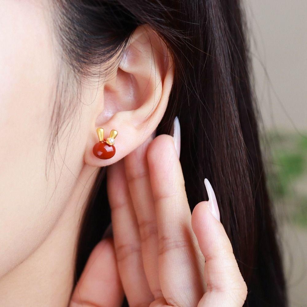 Mxbeauty Hetian Anting Giok Gaya Korea Anting Gadis Sederhana Anting Tahun Baru Anting Mini Batu Akik Anting Minimalis Perhiasan Gaya Cina Hijau Anting Perempuan