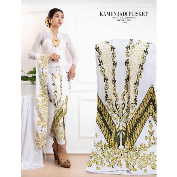 Kamen Plisket Sutra Dobby Plus Selendang//Rok Jadi//Rok Bali/Pakaian Adat Bali-Putih Gold