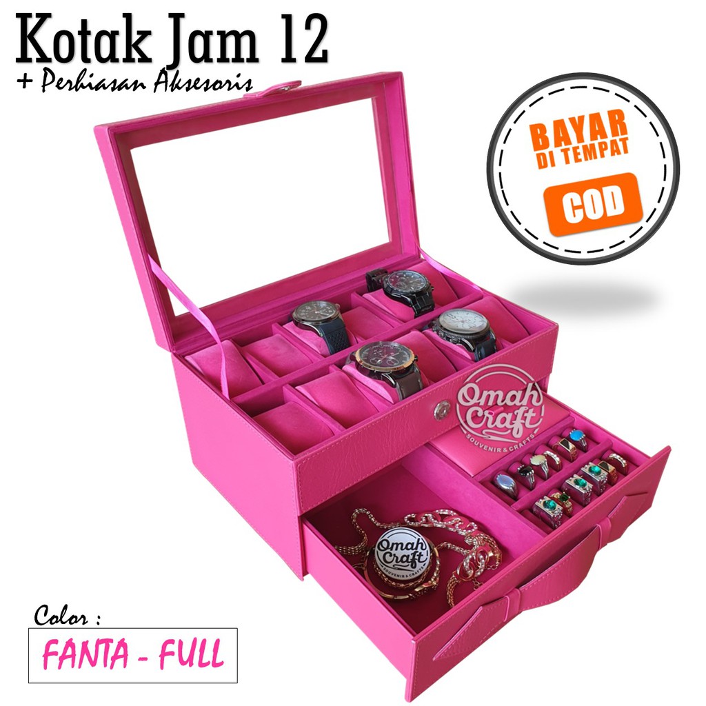 2KG PINK FANTA - Tempat Jam Tangan isi 12 Mix Aksesoris Emas / Kotak Jam / Box Jam Tangan