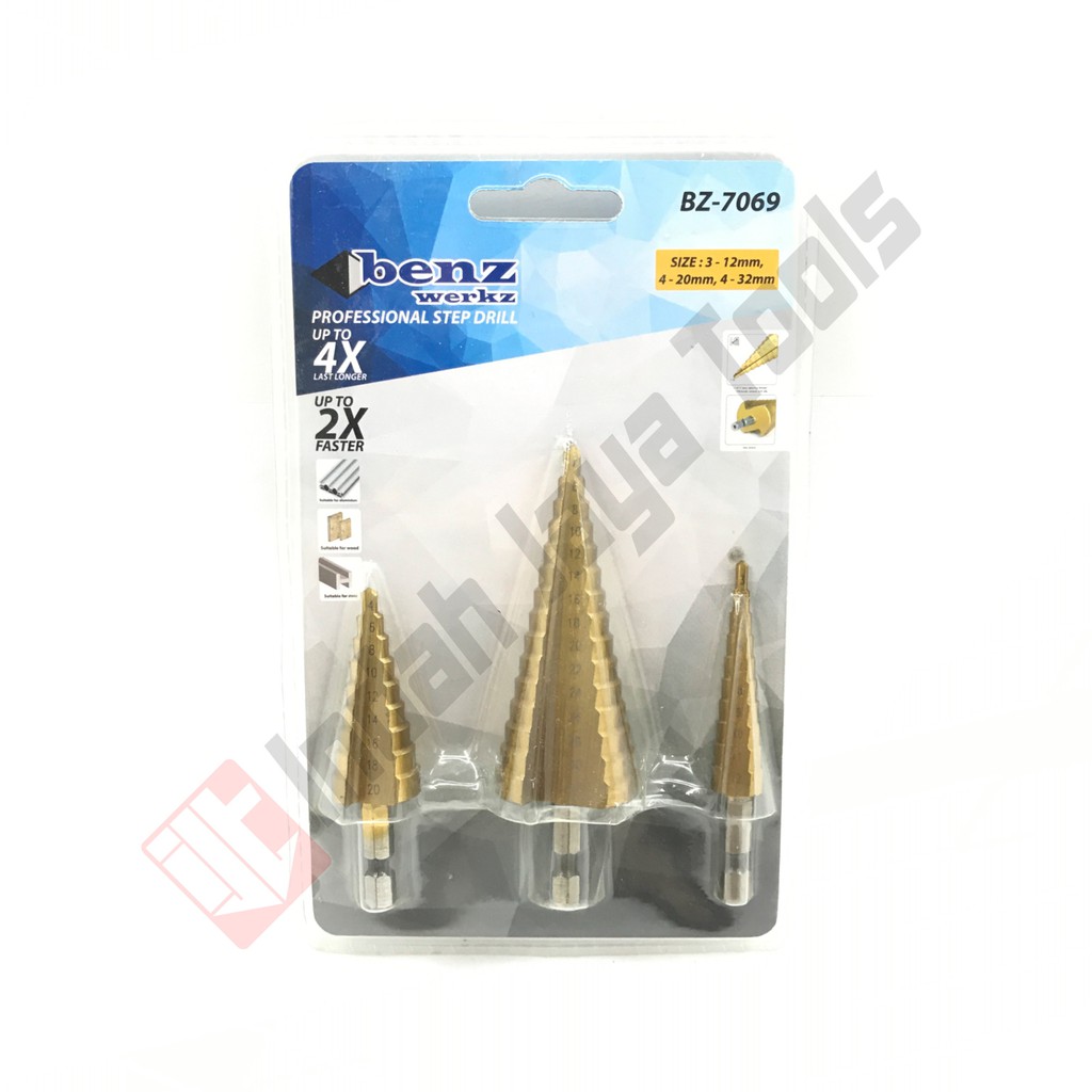 BENZ BZ-7069 Step Drill Set 3 Pcs - Mata Bor Pagoda Set 3-12 4-20 4-32 mm