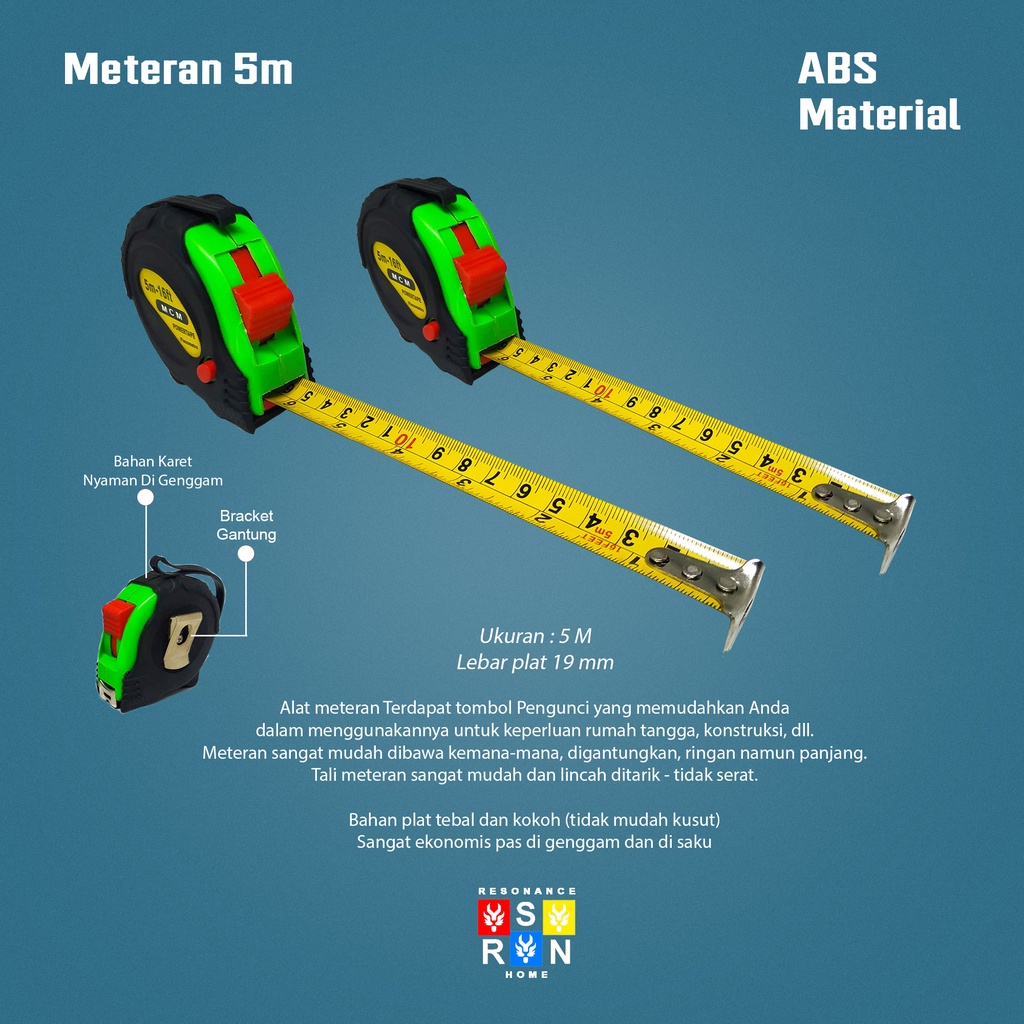 Meteran 5M Tukang Bangunan Roll 5 Meter Measuring Tape Resonance Home