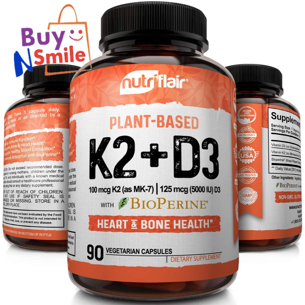 NutriFlair Vitamin K2 (MK7) with D3 5000 IU with BioPerine 90 Capsules