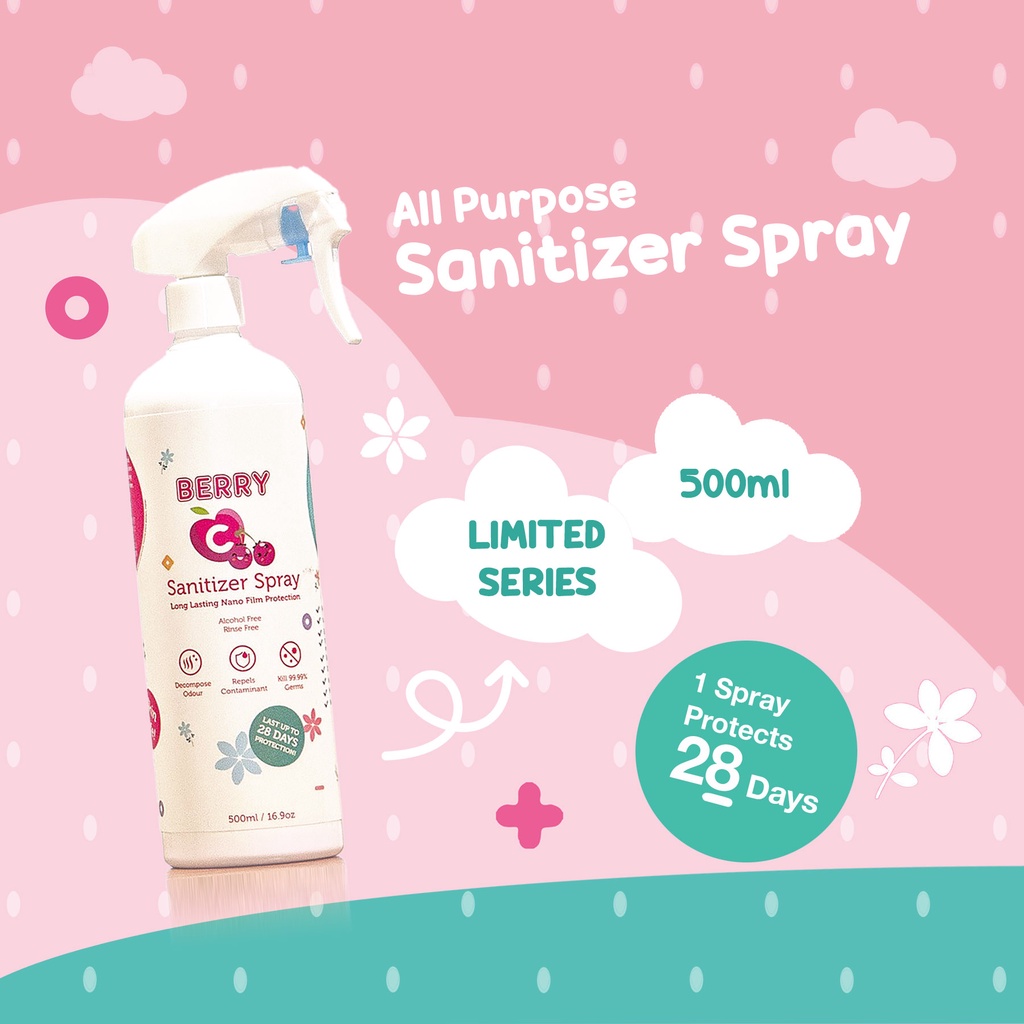 BerryC Active Sanitizer Spray 500ml Natural Food Grade Hand Antiseptik Non Alcohol Alkohol Aman untuk Bayi Anak Dewasa COVID19 HFMD Alat Makan Travel Size Refill Malaysia Halal Proteksi Protection Perlindungan Aktif Coronavirus Organik Harum Sensitif Skin