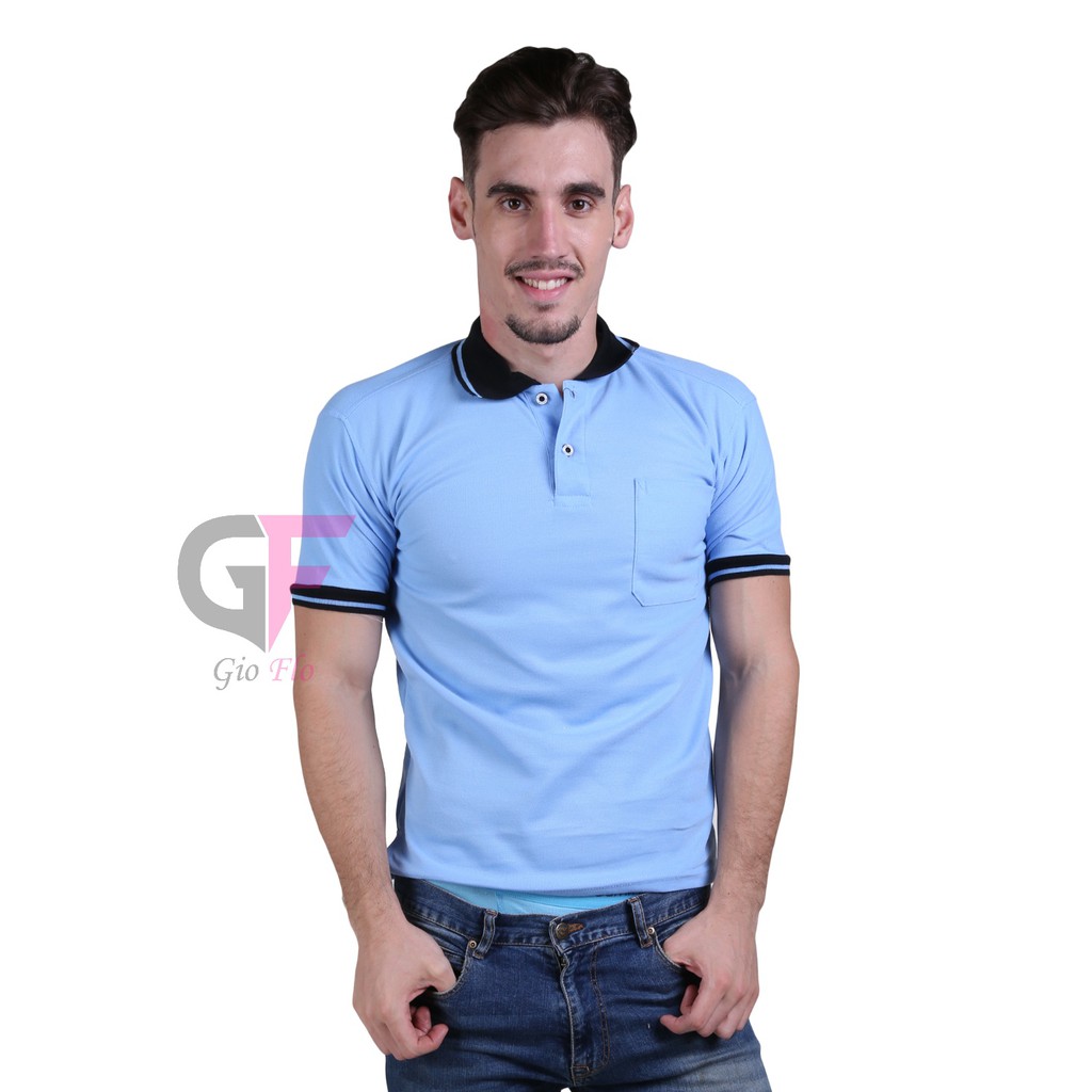 GIOFLO Polo Shirts Berkerah Kaos Casual Cowok Biru Langit Kerah Hitam / PLS 13