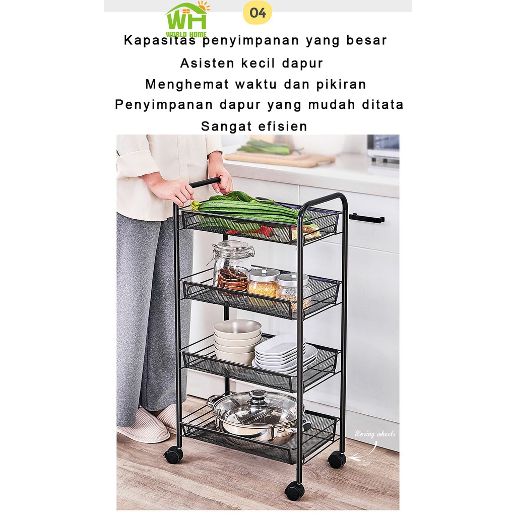 Rak Lantai Beroda 4 Susun Rak Penyimpanan SerbaGuna Rak Dapur Troli penyimpanan 4 Tingkat SNC-2 Worldhome66