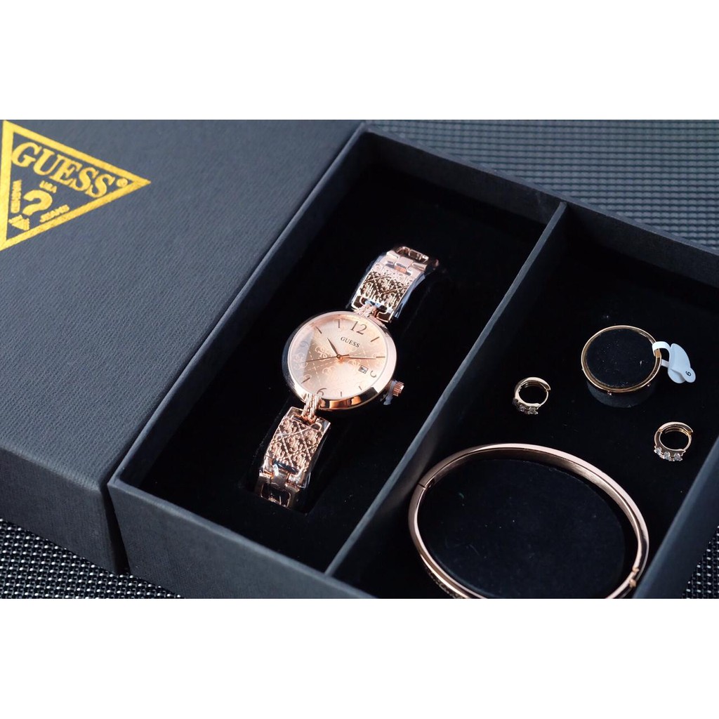 Termurah  Best Seller Jam Tangan Wanita Guess Bulat Paket Tanggal Aktif WB 15020 Rantai + Box