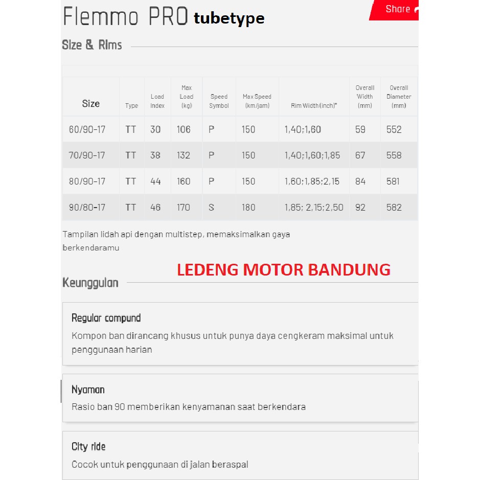 FDR 70/90-17 Flemmo Pro Ban Tubetype Motor Bebek