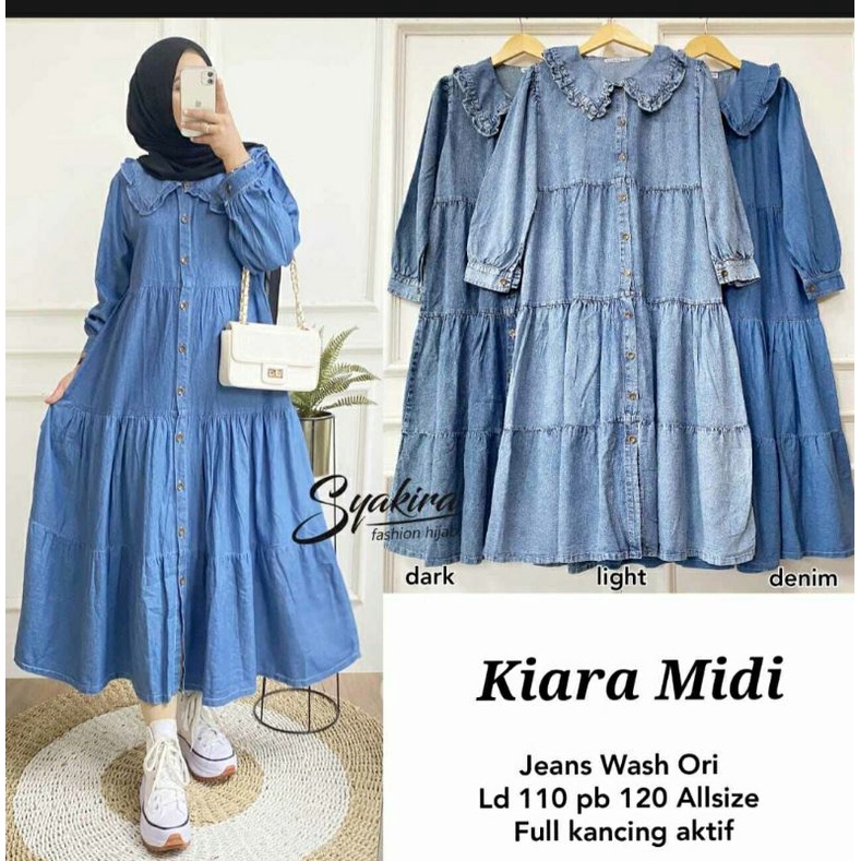 kiara midi jeans dress original full kancing aktif rempel