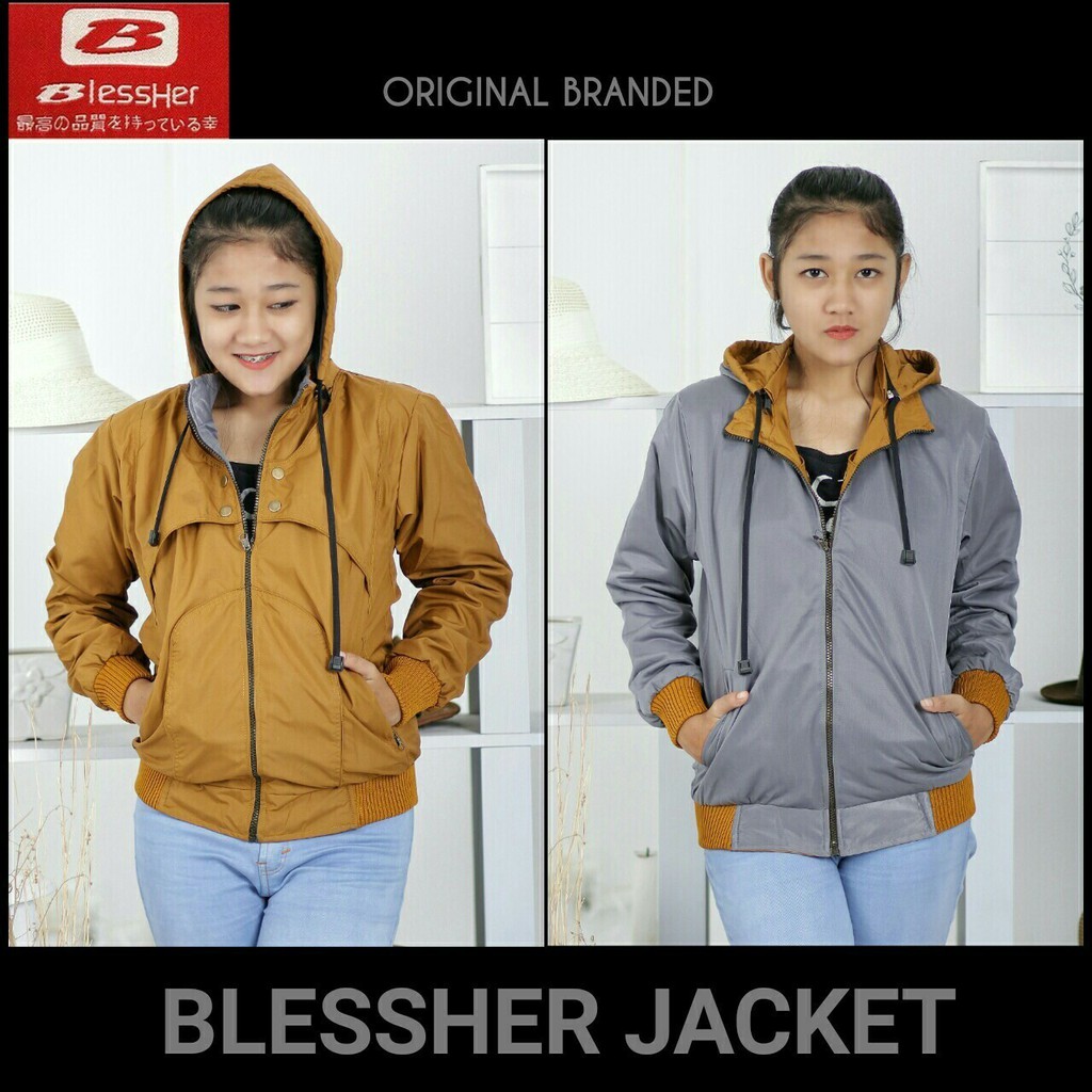 Jaket  Cewe bolak balik/Hoody bisa dilepas/anti air/Angin - Brand Blessher Ori
