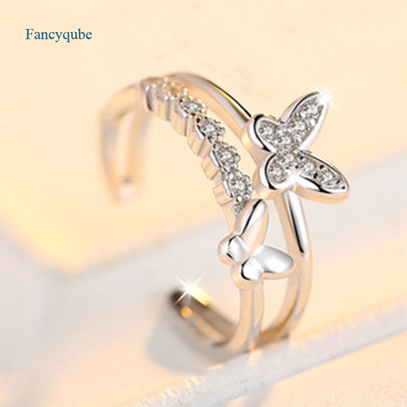 Fancyqube Cincin Model Double Butterfly Aksen Kristal Dan Berlian Imitasi Untuk Wanita