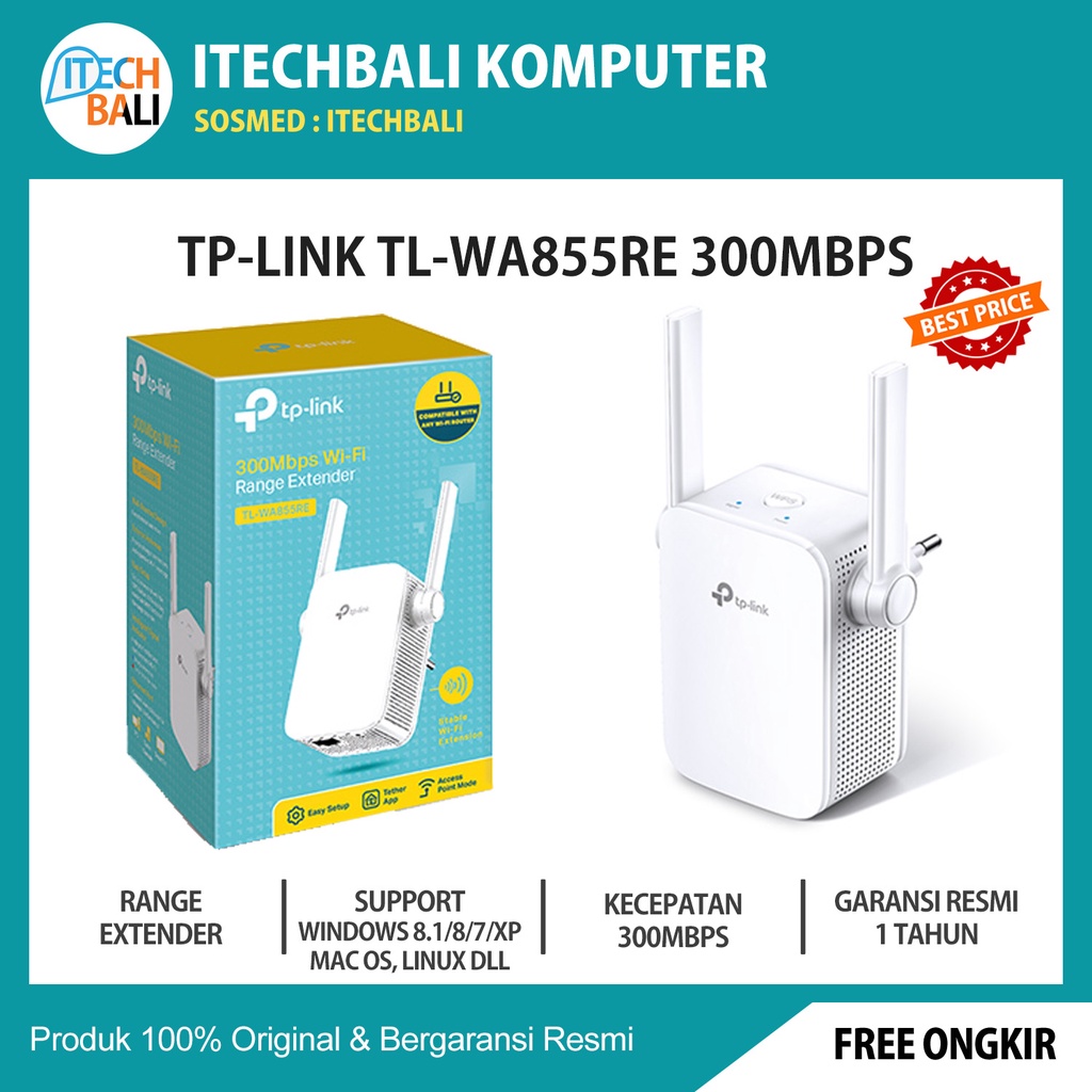 Wi-Fi Range Extender TP-LINK TL-WA855RE 300Mbps Original | ITECHBALI