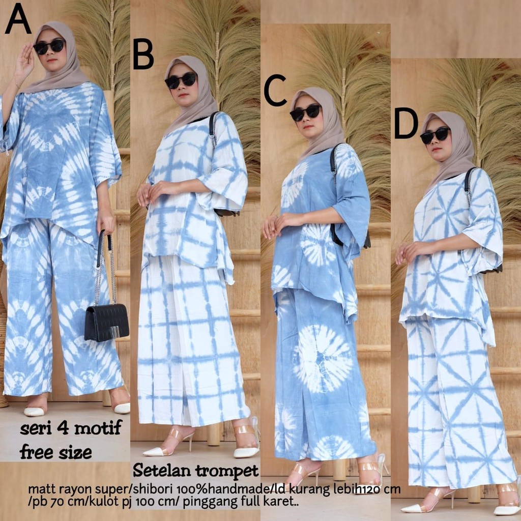 Setelan Terompet Shibori Batik Biru Rayon set Daily Home Set Kekinian Hits Gaul Sayap One Set Tie Dye