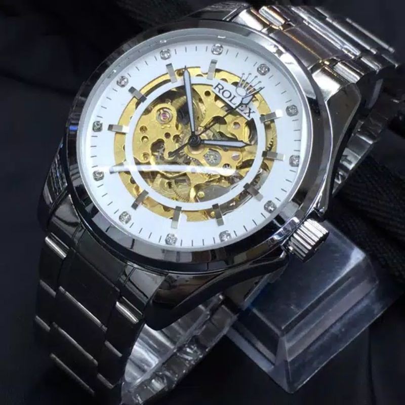 Jam Tangan Pria Otomatis Skeleton Rolex Big Chain Mata Balok