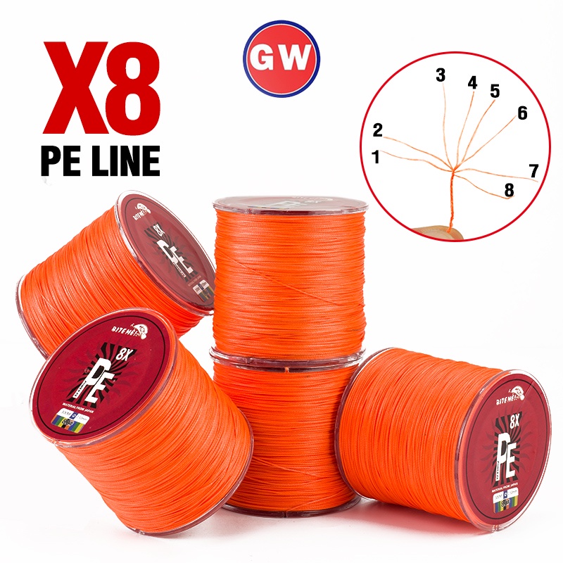 Biteme Casting 8X Senar Pancing Multifilamen 8 Untai Bahan PE Warna Oranye 300m 10-82LB